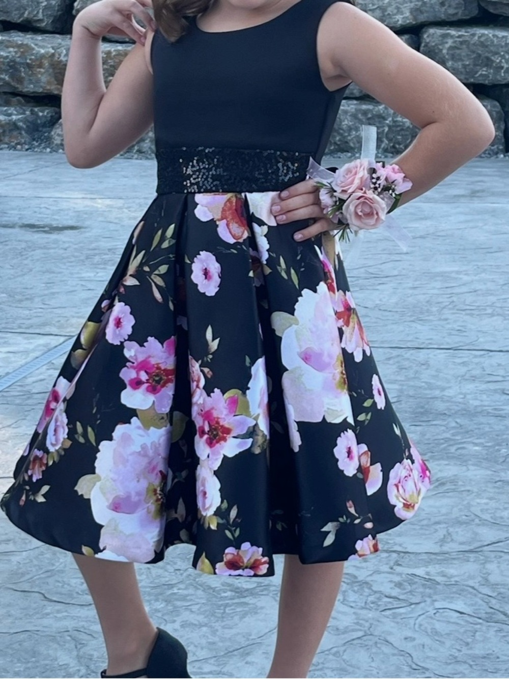 Black Floral Fit-and-Flare Dress with Sequin Waist